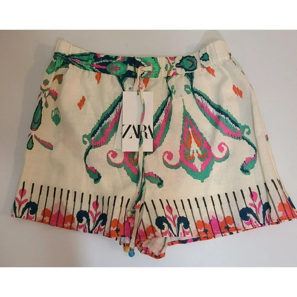 ZARA Linen Blend Printed Drawstring Casual Shorts Size S ref. 3340 579